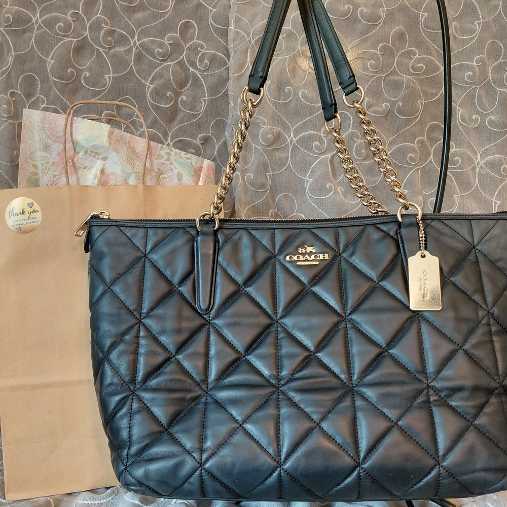 Coach Ava Quilted Black Shoulder Bag with Gold Accents